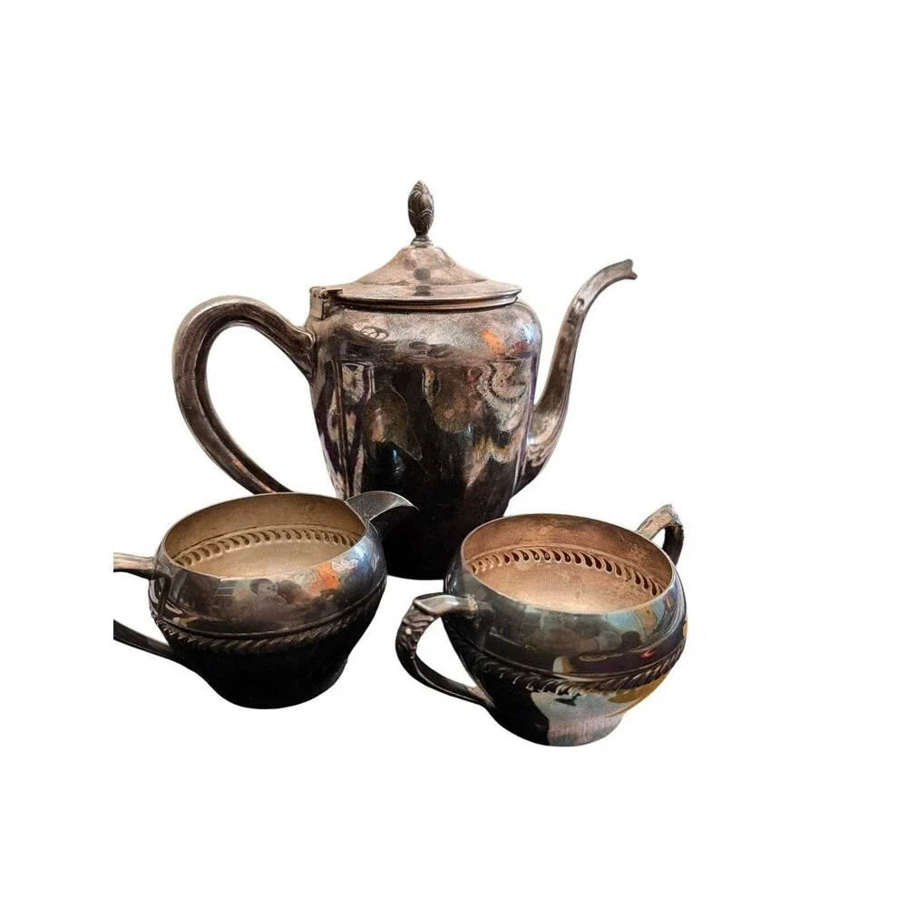 Vintage Silver Plated Tea Set Teapot Creamer Sugar Bowl 3 Piece Cottage Style
